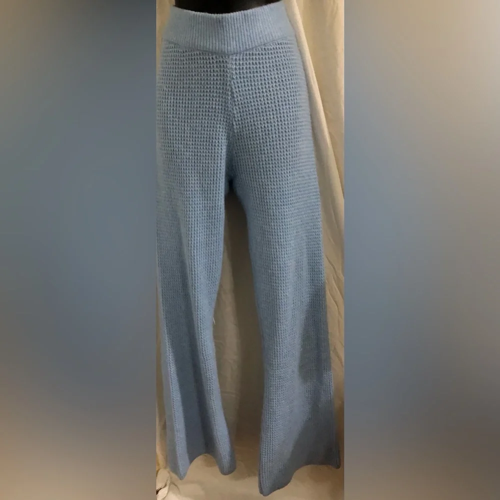 Blue crochet sweater knit style wide leg cozy loungewear pants size medium new‎